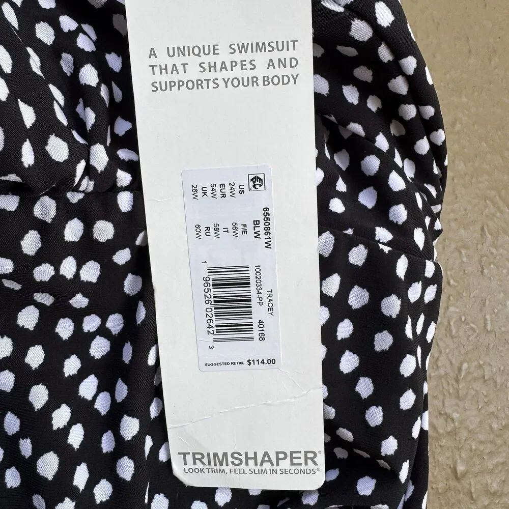 Trimshaper Swimsuit Dress Tracey Sz 24W One Piece Black White Dots Funfetti NWT - Picture 7 of 16
